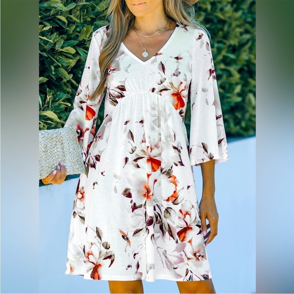 New‎ White V Neck Empire Waist Dress